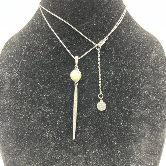 Vince Camuto Silver Tone Faux Pearl Dagger Long Rhinestone Pendant Necklace 28” - Picture 2 of 3